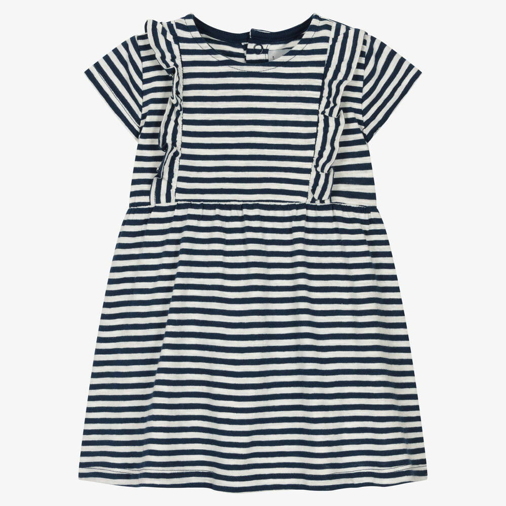 Petit Bateau - فستان قطن جيرسي مقلم لون أبيض وكحلي  | Childrensalon