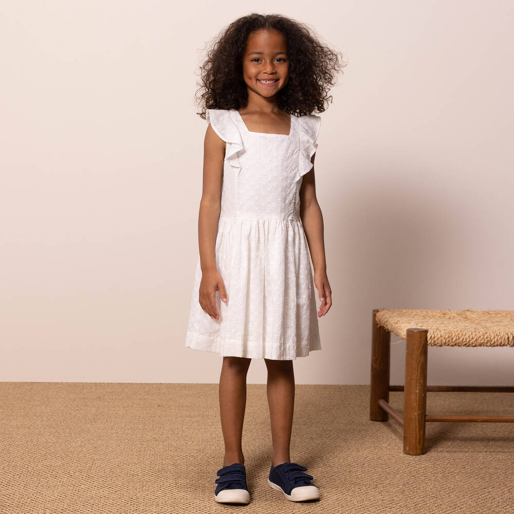 Petit Bateau - Girls White Cotton Broderie Anglaise Dress ...