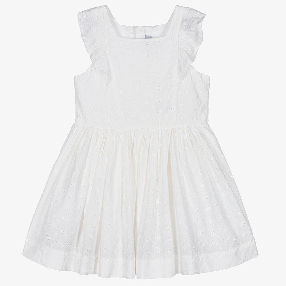 Petit Bateau - Girls White Cotton Broderie Anglaise Dress | Childrensalon