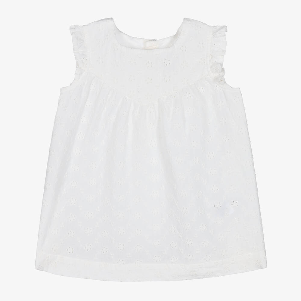 Petit Bateau - Girls White Cotton Broderie Anglaise Dress | Childrensalon