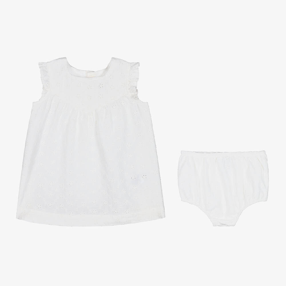 Petit Bateau-Girls White Cotton Broderie Anglaise Dress | Childrensalon Outlet