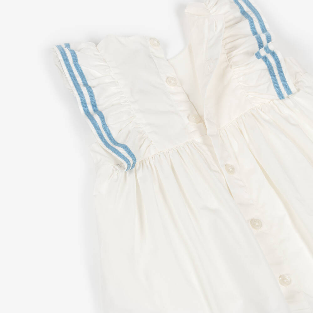 Petit Bateau-Girls White Cotton Dress with Striped Blue Trim | Childrensalon Outlet