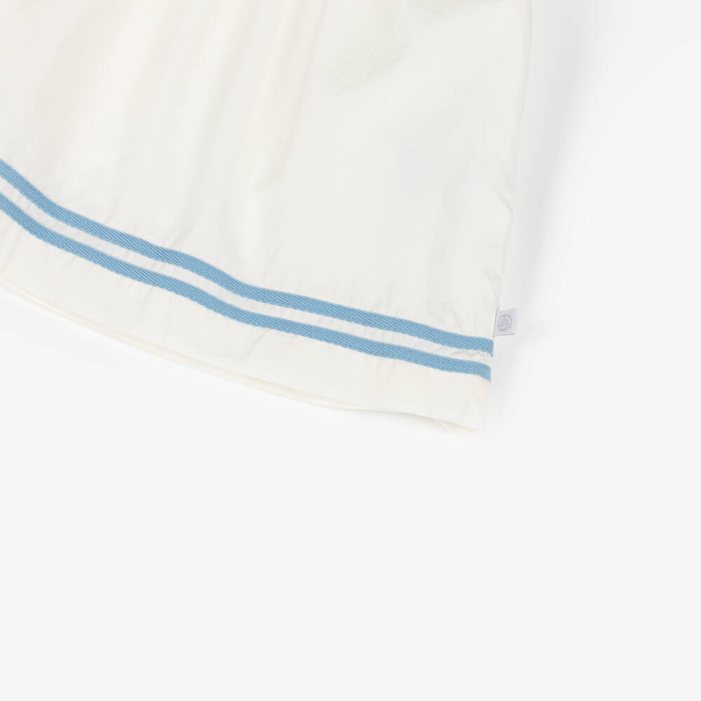 Petit Bateau-Girls White Cotton Dress with Striped Blue Trim | Childrensalon Outlet