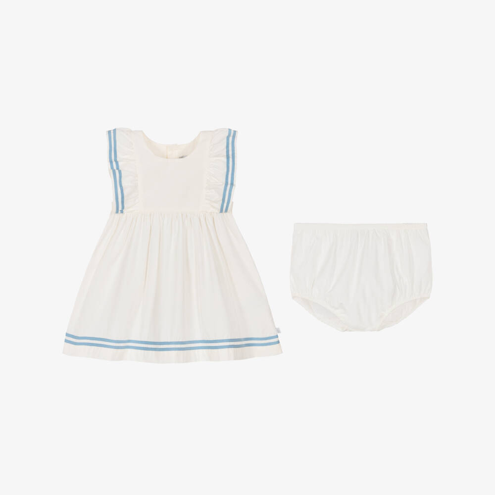 Petit Bateau-Girls White Cotton Dress with Striped Blue Trim | Childrensalon Outlet