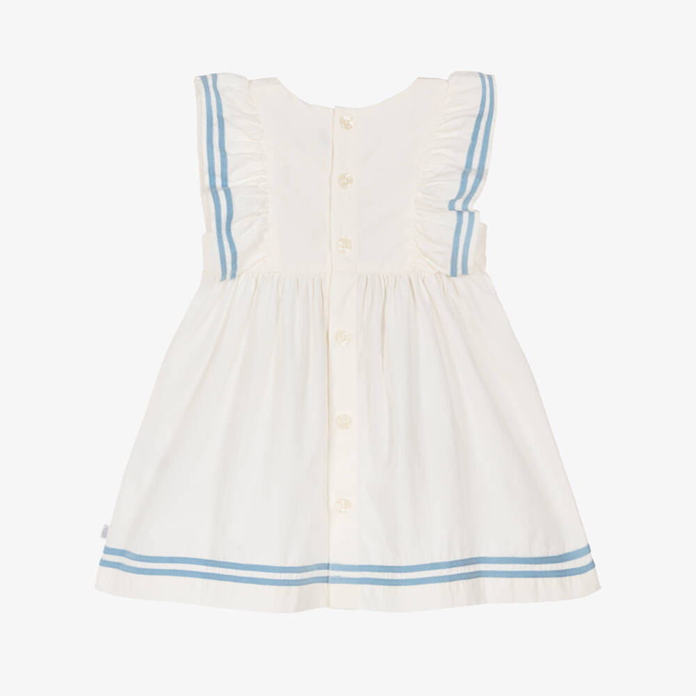 Petit Bateau-Girls White Cotton Dress with Striped Blue Trim | Childrensalon Outlet