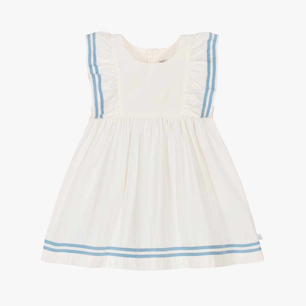 Petit Bateau-Girls White Cotton Dress with Striped Blue Trim | Childrensalon Outlet