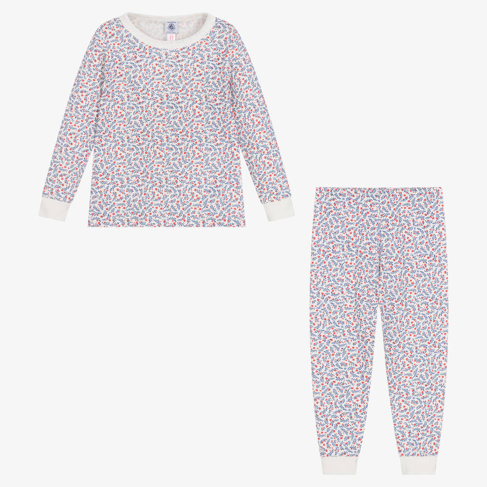 Petit Bateau-Длинная белая пижама из хлопка в цветочек | Childrensalon Outlet