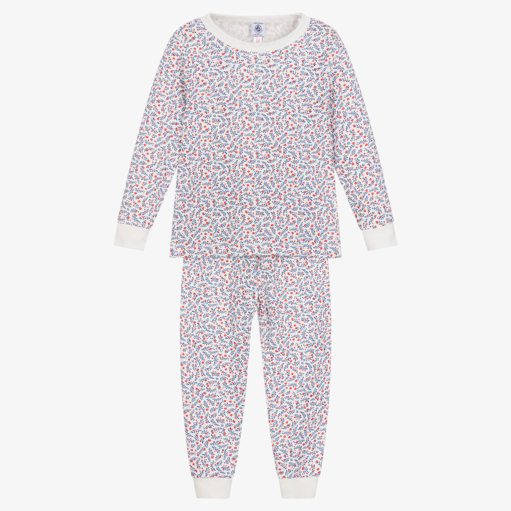 Petit Bateau - Girls White Cotton Floral Long Pyjamas | Childrensalon