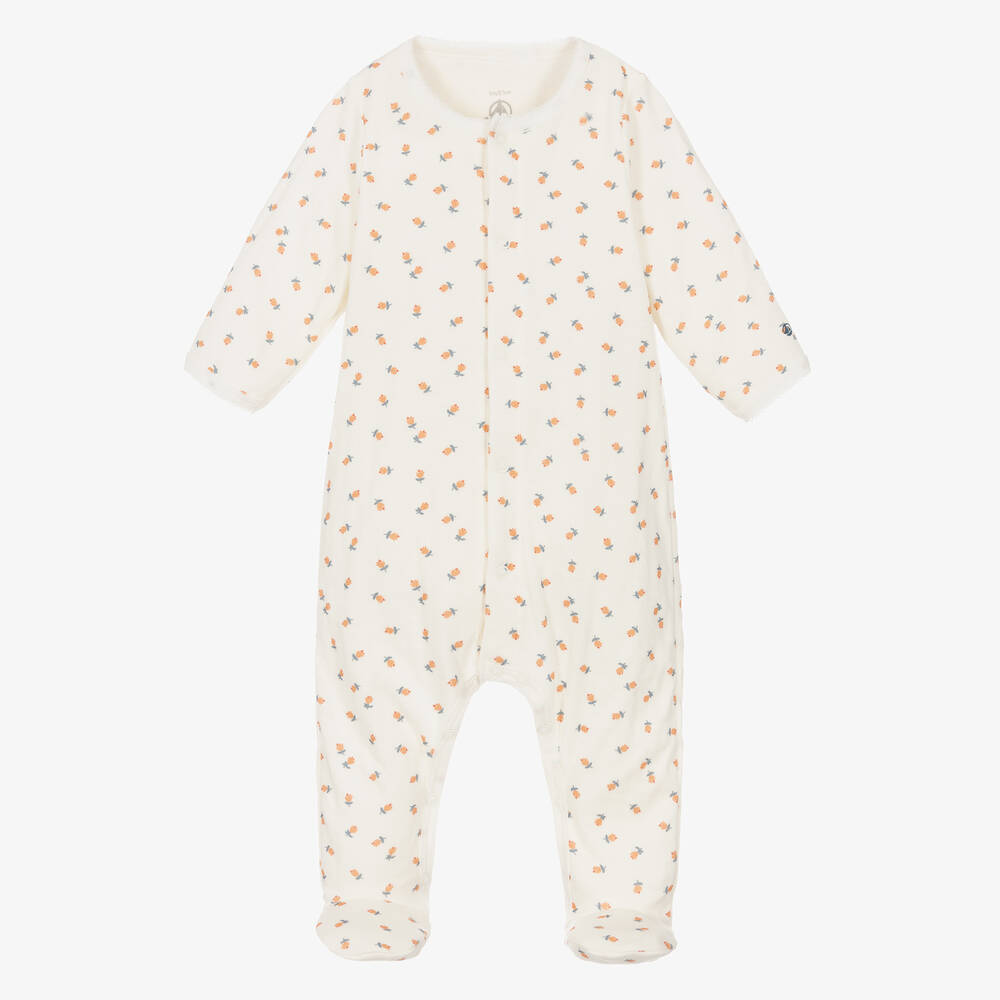 Petit Bateau - Girls White Cotton Rose Layered Babygrow  | Childrensalon