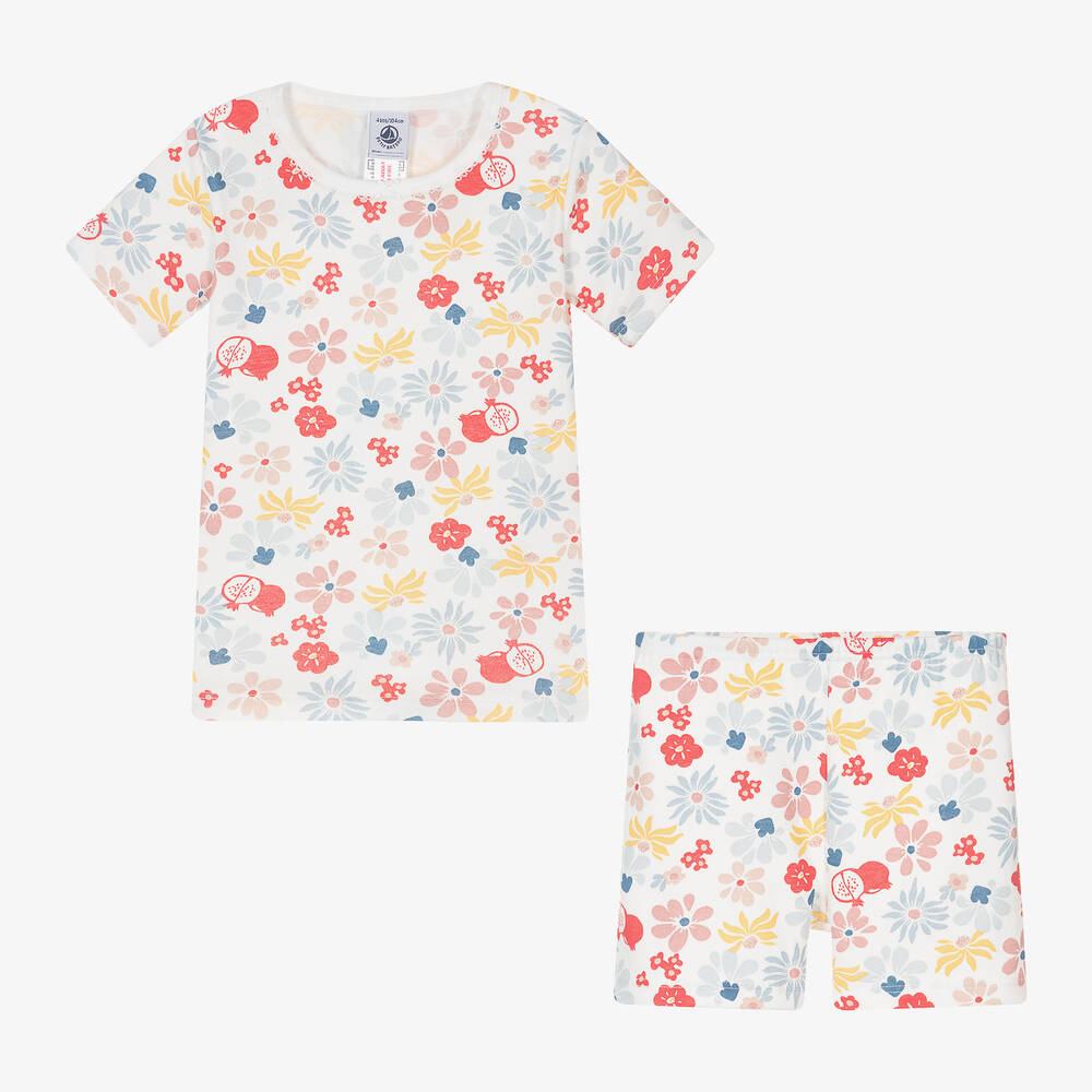 بتي باتو-بيجاما قطن عضوي لون أبيض بطبعة ورود للبنات | Childrensalon Outlet