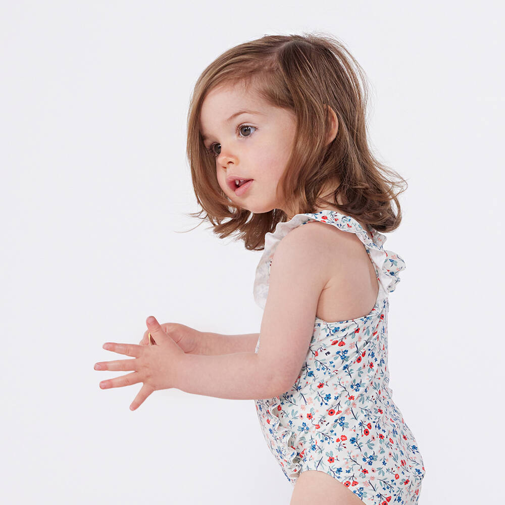 Petit Bateau-Girls White Floral Ruffle Swimsuit | Childrensalon Outlet