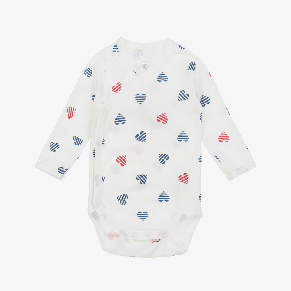 Petit Bateau-Girls White Heart Cotton Bodysuits Trio | Childrensalon Outlet