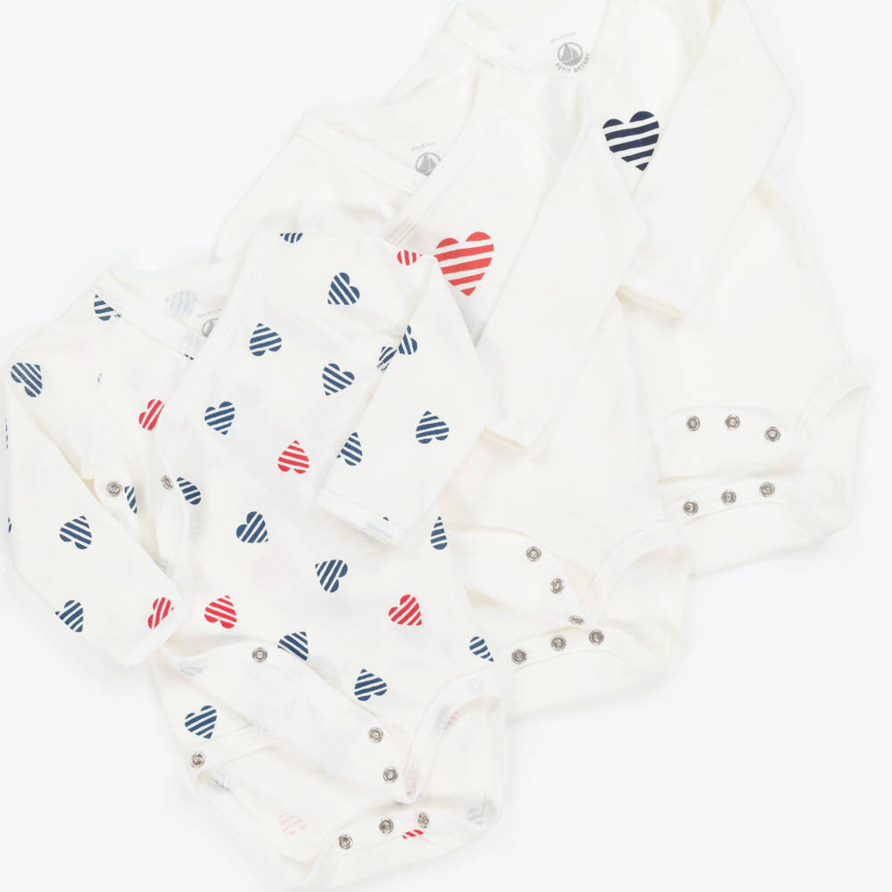 Petit Bateau-Girls White Heart Cotton Bodysuits Trio | Childrensalon Outlet