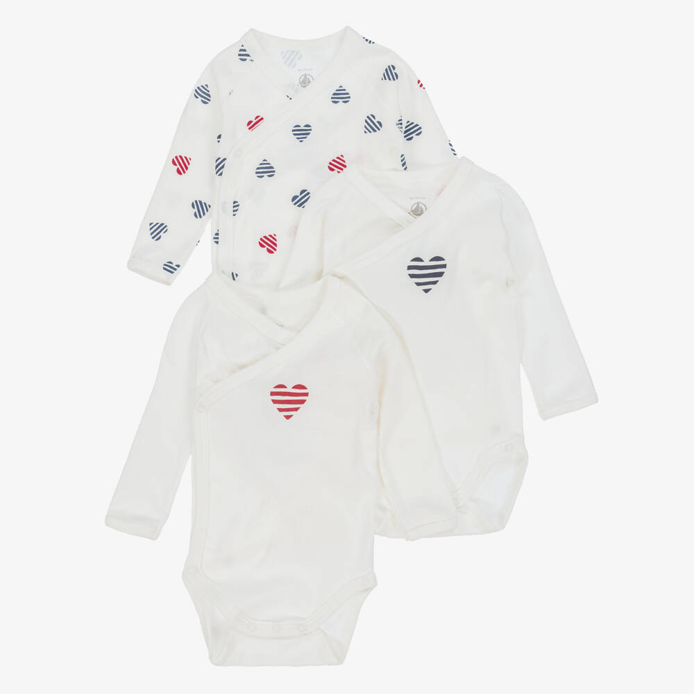 Petit Bateau-ثلاثية بديهات قطنية بيضاء بنقشة قلب للبنات | Childrensalon Outlet