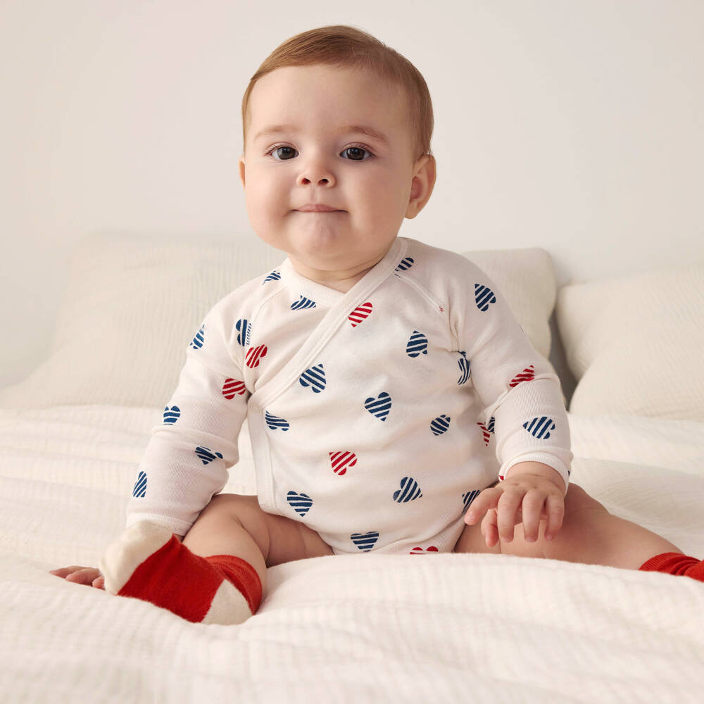 Petit Bateau-Girls White Heart Cotton Bodysuits Trio | Childrensalon Outlet