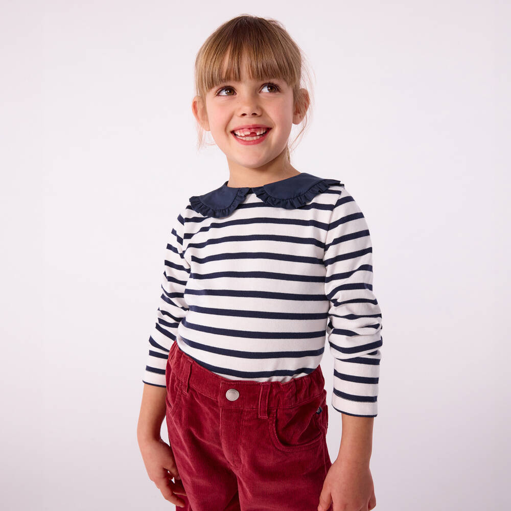 Petit Bateau-Girls White & Navy Blue Breton Stripe Cotton Top | Childrensalon Outlet