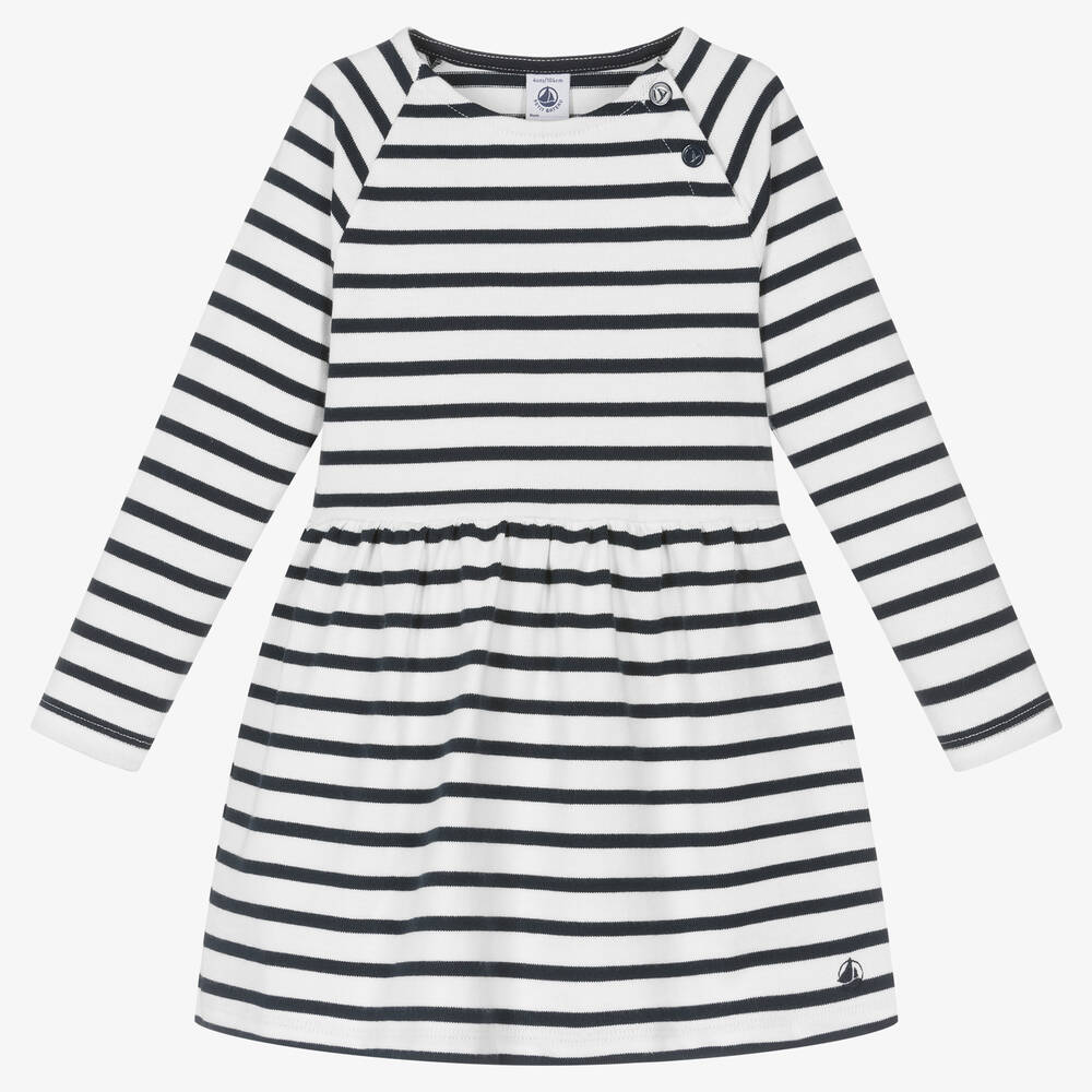 Petit Bateau - Girls White & Navy Blue Breton Stripe Dress | Childrensalon