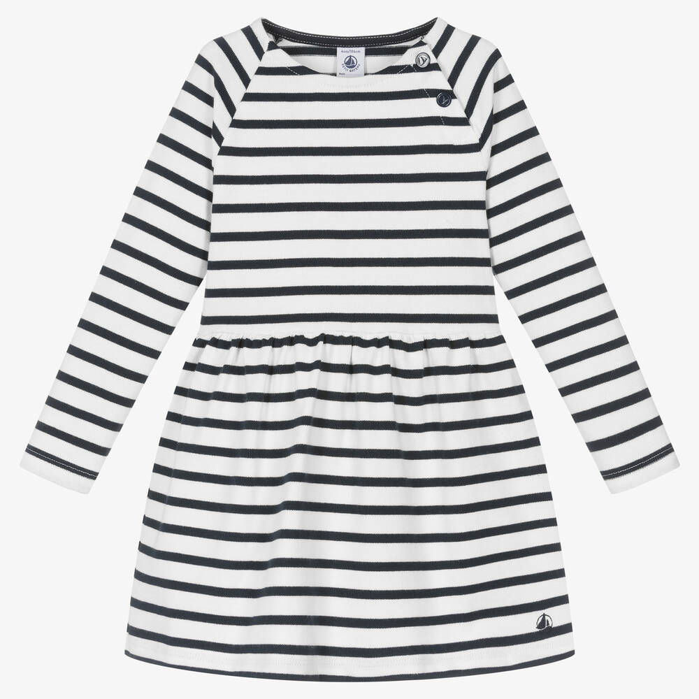 Petit Bateau - Белое платье в синюю бретонскую полоску | Childrensalon