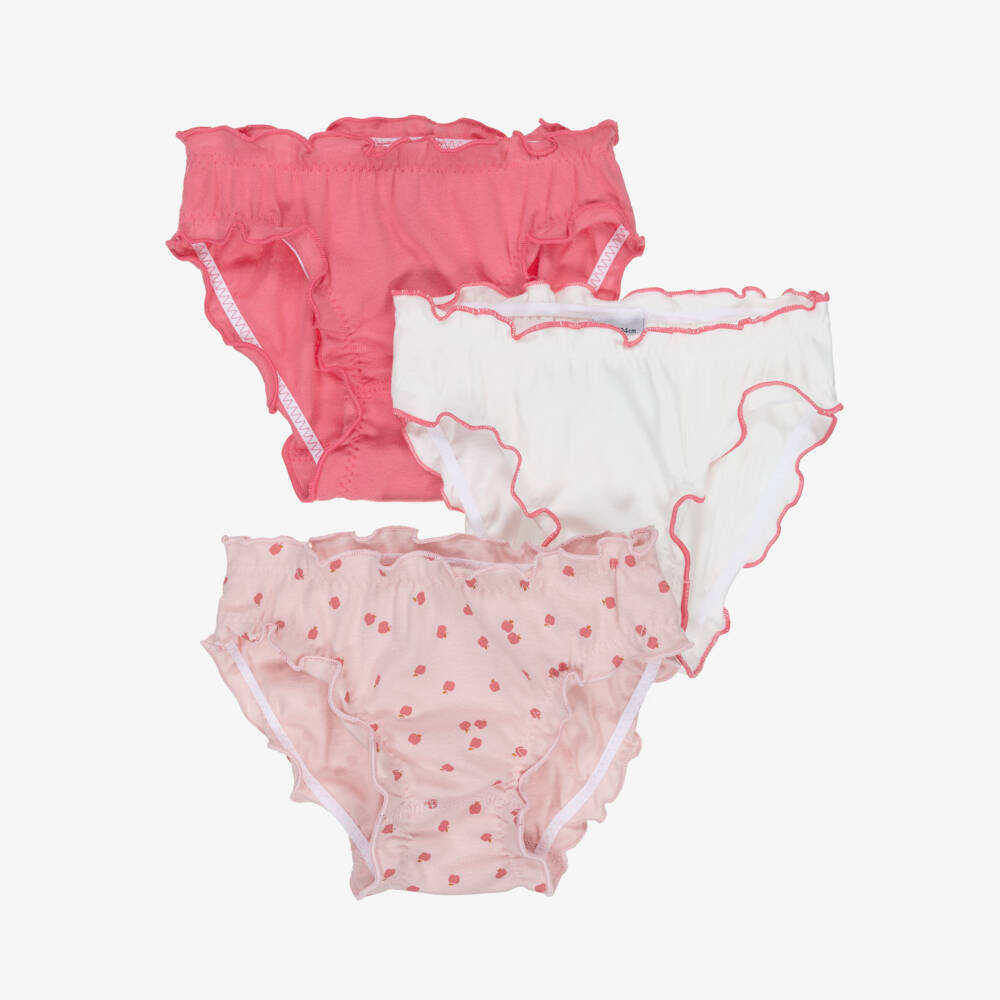 Petit Bateau-Girls White & Pink Apples Organic Cotton Knickers (3 Pack) | Childrensalon Outlet