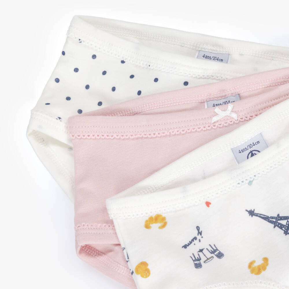 Petit Bateau-Girls White & Pink Organic Cotton Paris Knickers (3 Pack) | Childrensalon Outlet