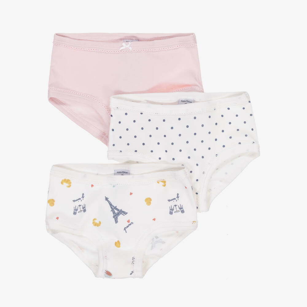 Petit Bateau-Girls White & Pink Organic Cotton Paris Knickers (3 Pack) | Childrensalon Outlet