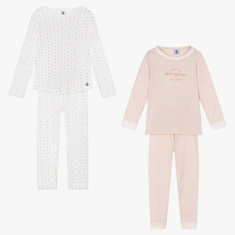 Petit Bateau - Girls White & Pink Pyjamas (2 Pack) | Childrensalon