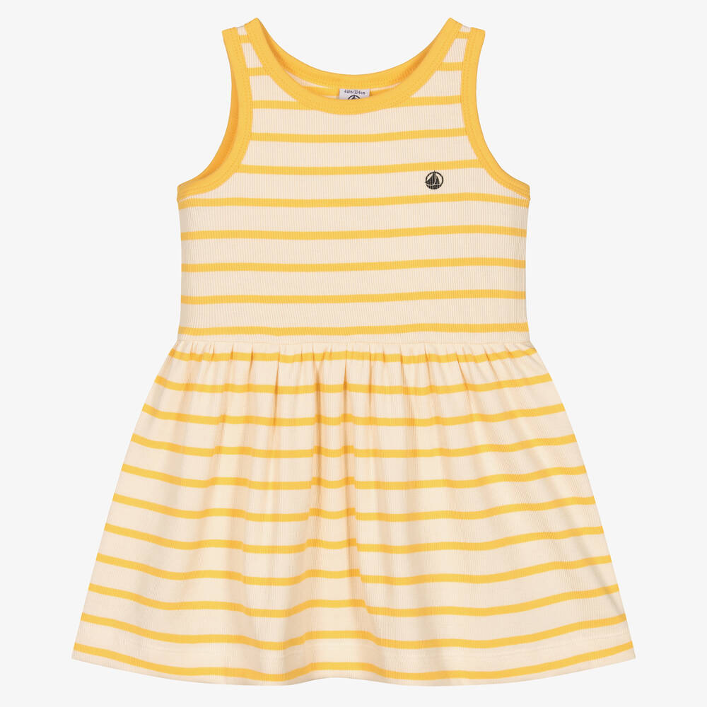 Petit Bateau-فستان قطن عضوي مقلم لون أصفر وعاجي | Childrensalon Outlet