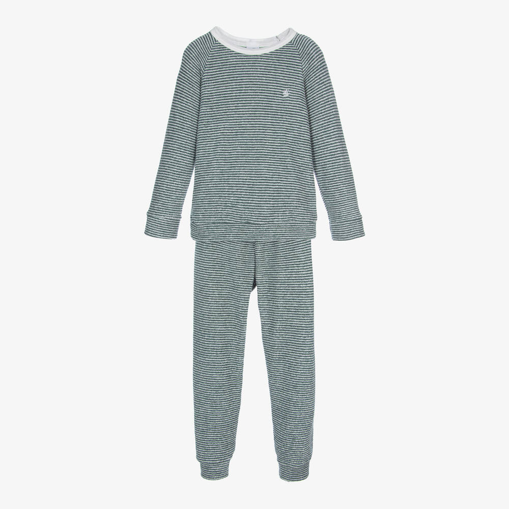 Petit Bateau - Grüner Frottee-Streifen-Schlafanzug | Childrensalon
