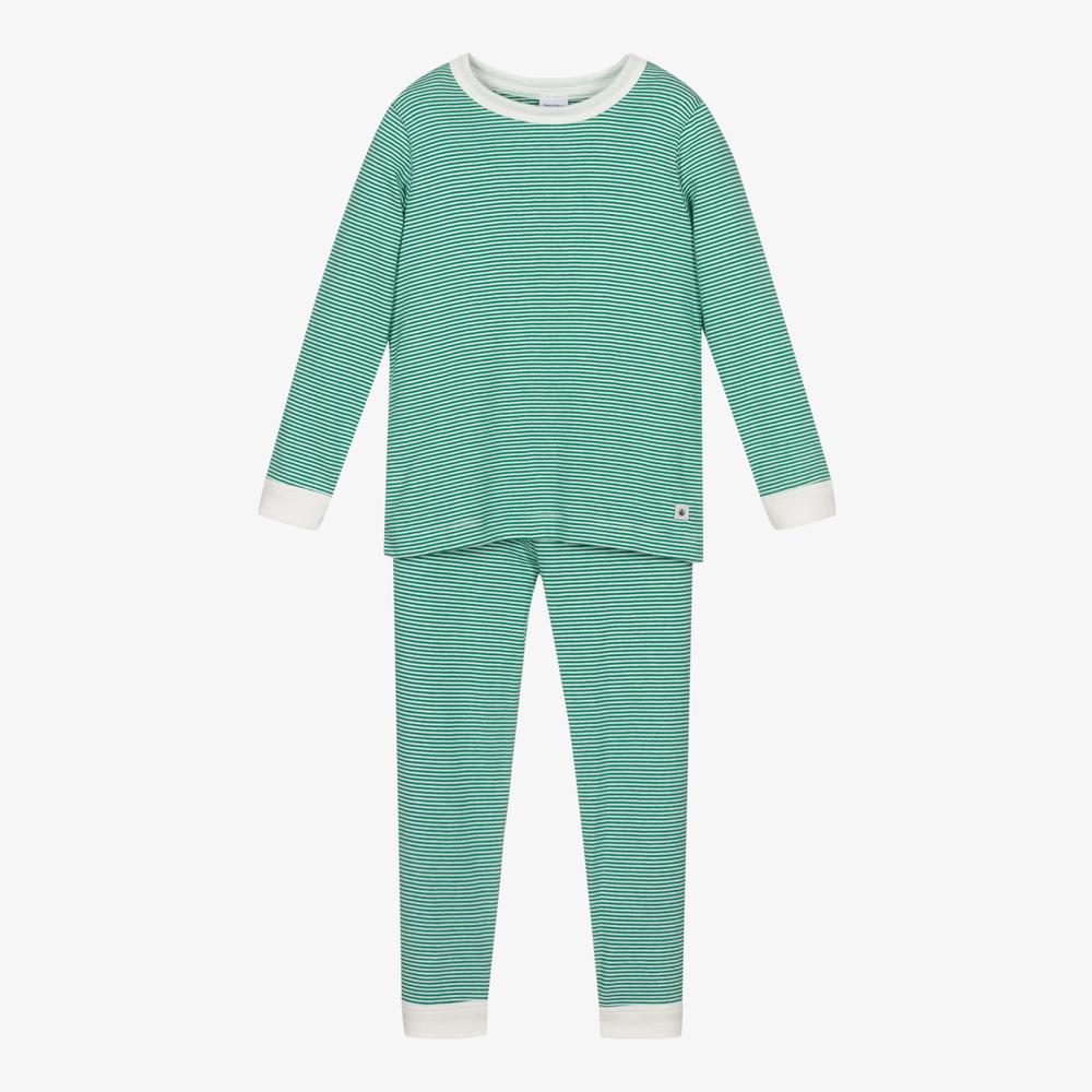 Petit Bateau - Pyjama rayé vert en coton | Childrensalon