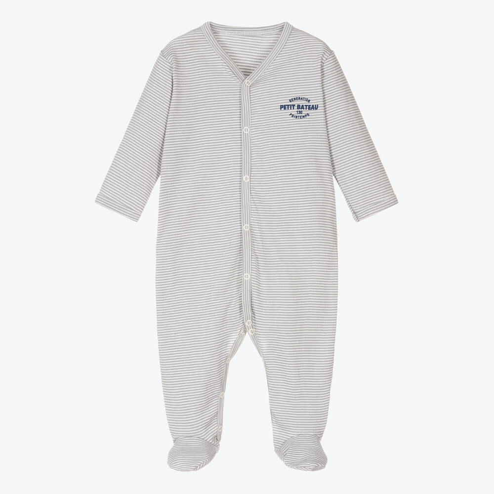 Petit Bateau - Grenouillère rayée grise en coton | Childrensalon