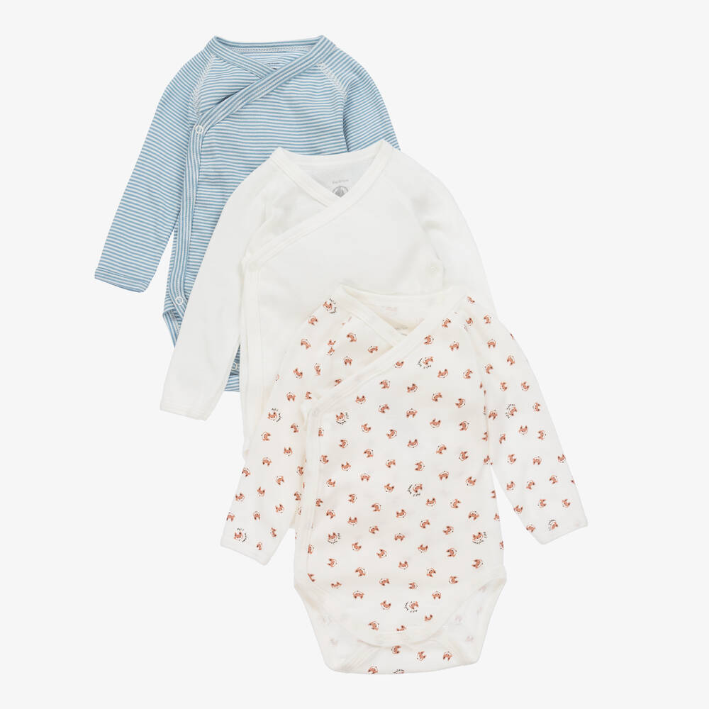 Petit Bateau - Ivory & Blue Cotton Bodyvests (3 Pack) | Childrensalon