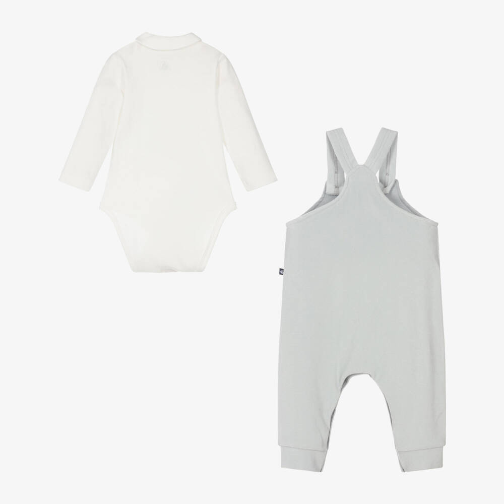 Petit Bateau-Ivory & Blue Cotton Dungaree Set | Childrensalon Outlet