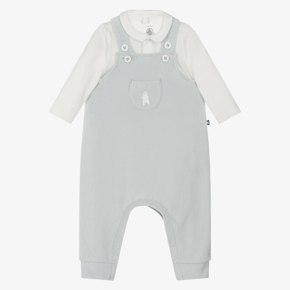 Petit Bateau-Ivory & Blue Cotton Dungaree Set | Childrensalon Outlet