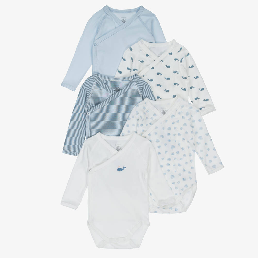 Petit Bateau-Ivory & Blue Cotton Jersey Bodysuits (5 Pack) | Childrensalon Outlet