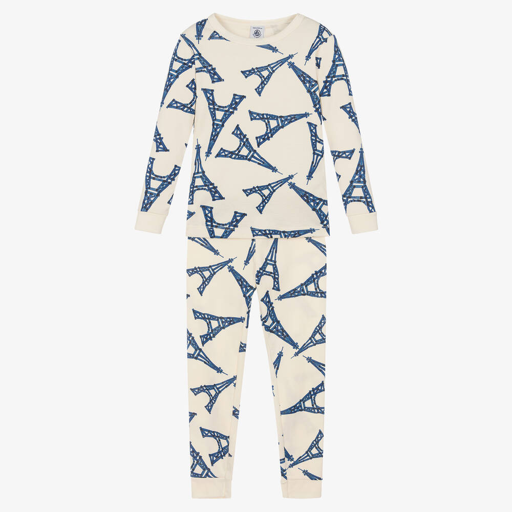 Petit Bateau - Ivory & Blue Eiffel Tower Cotton Pyjamas | Childrensalon