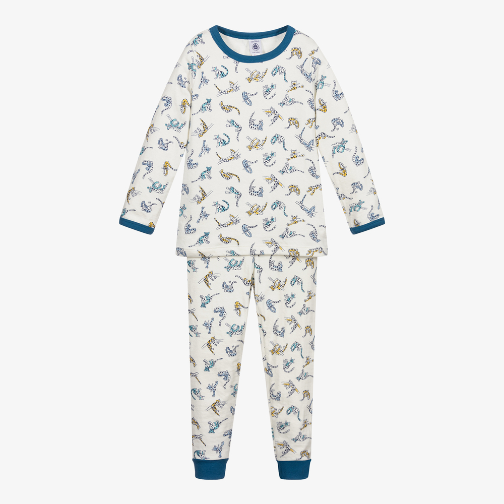 Petit Bateau - Leoparden-Schlafanzug in Elfenbein und Blau | Childrensalon