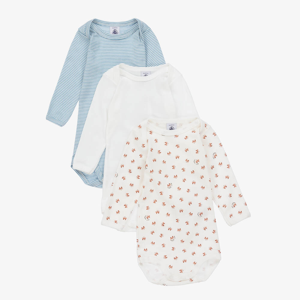 Petit Bateau - Elfenbeinfarben und blau gestreifte Baumwoll-Körperwesten (3er-Pack) | Childrensalon