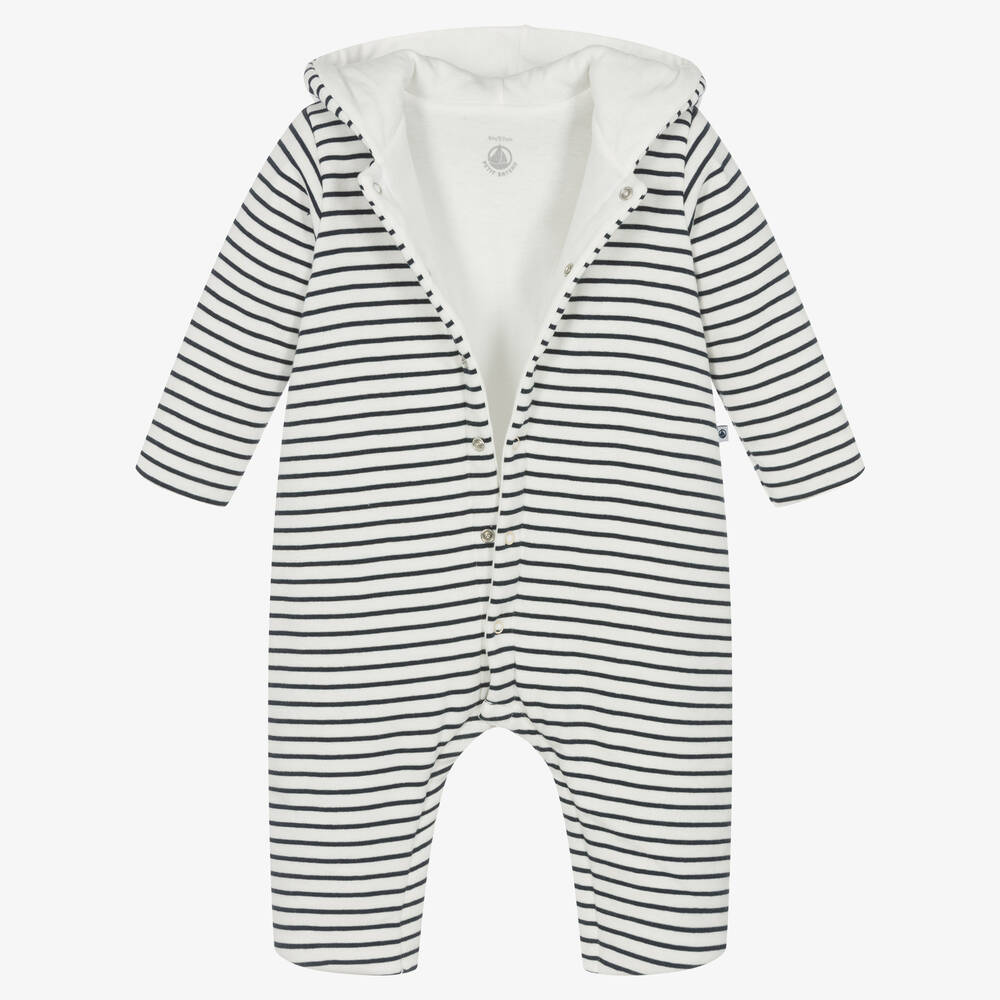Petit Bateau-Ivory & Blue Stripe Cotton Pramsuit | Childrensalon Outlet