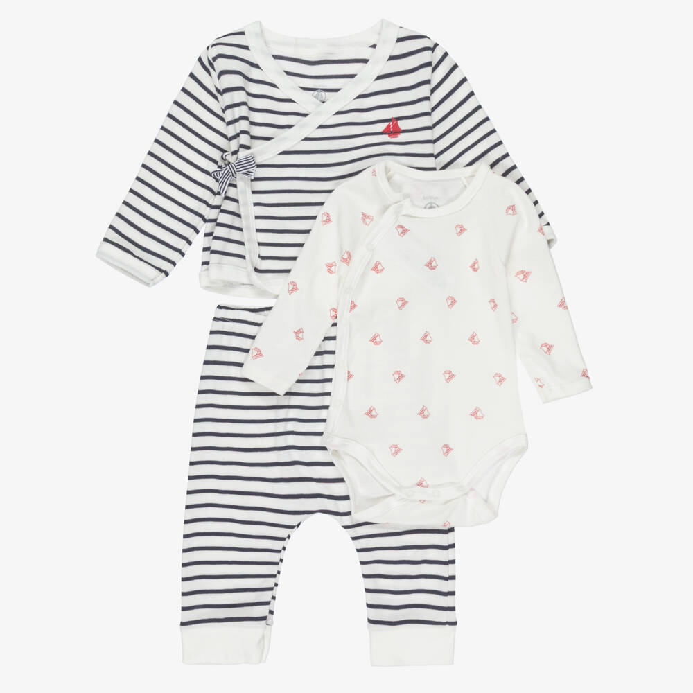 Petit Bateau-Ivory Breton Stripe Cotton Jersey Baby Trouser Set | Childrensalon Outlet