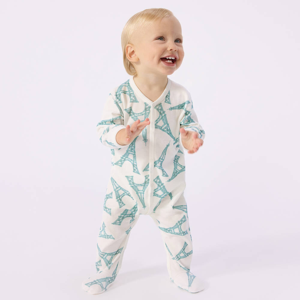 Petit Bateau-Ivory Cotton Babygrow with Eiffel Tower Print | Childrensalon Outlet