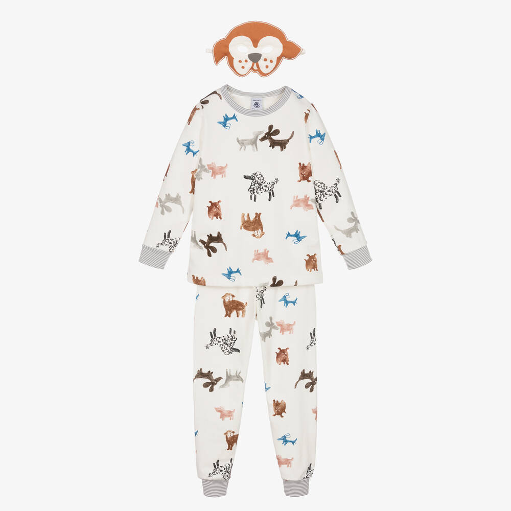 Petit Bateau - Ivory Cotton Dog Print Pyjamas & Mask | Childrensalon
