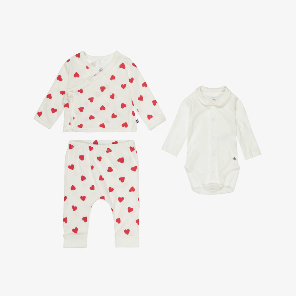 Petit Bateau-Ivory Cotton Jersey Heart Print Baby Trouser Set | Childrensalon Outlet
