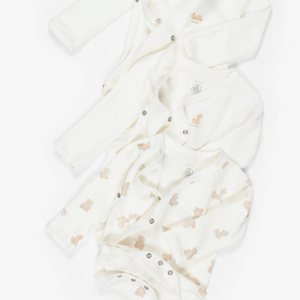 Petit Bateau-Ivory Cotton Jersey Long Sleeved Teddy Bodysuits (3 Pack) | Childrensalon Outlet