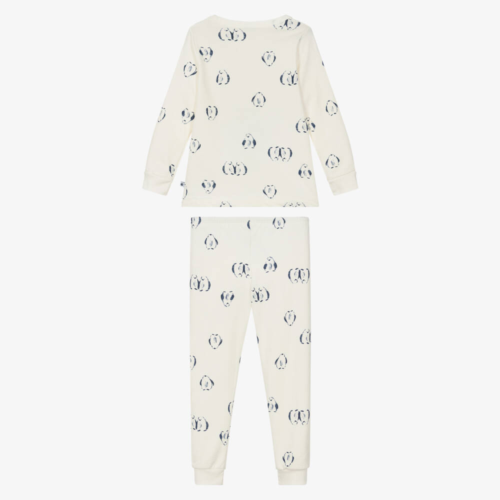 Petit Bateau-Ivory Cotton Pyjamas with Navy Blue Penguin Print | Childrensalon Outlet