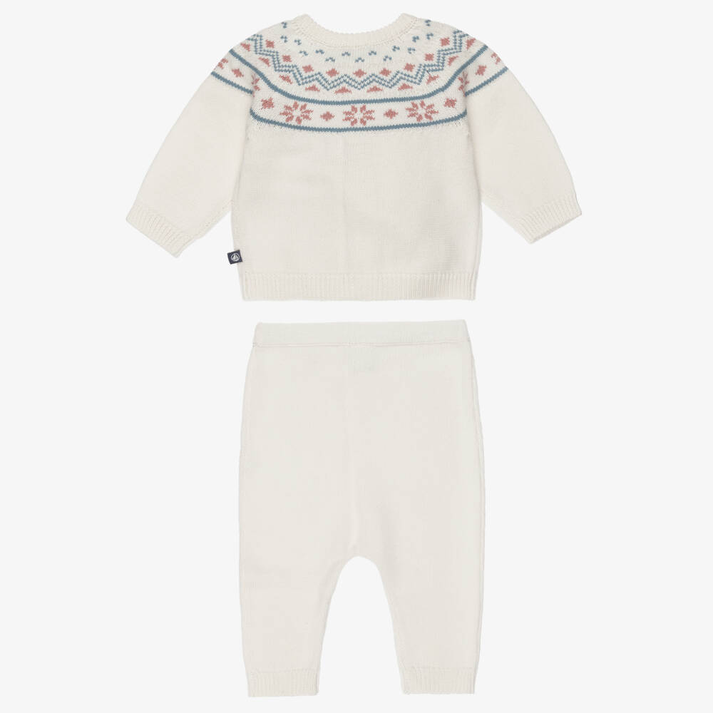 Petit Bateau-Ivory Fair Isle Cotton & Wool Knit Baby Trouser Set | Childrensalon Outlet