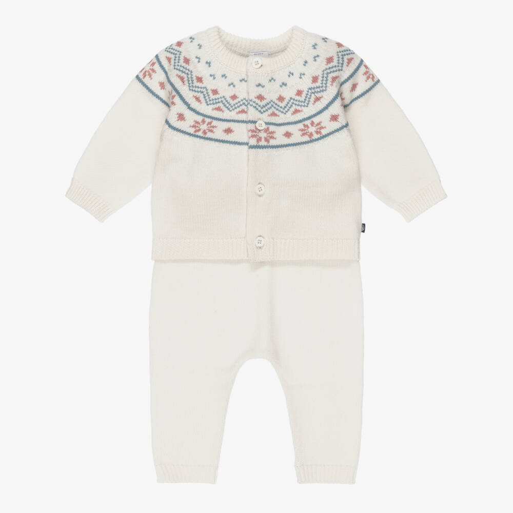 Petit Bateau-Ivory Fair Isle Cotton & Wool Knit Baby Trouser Set | Childrensalon Outlet