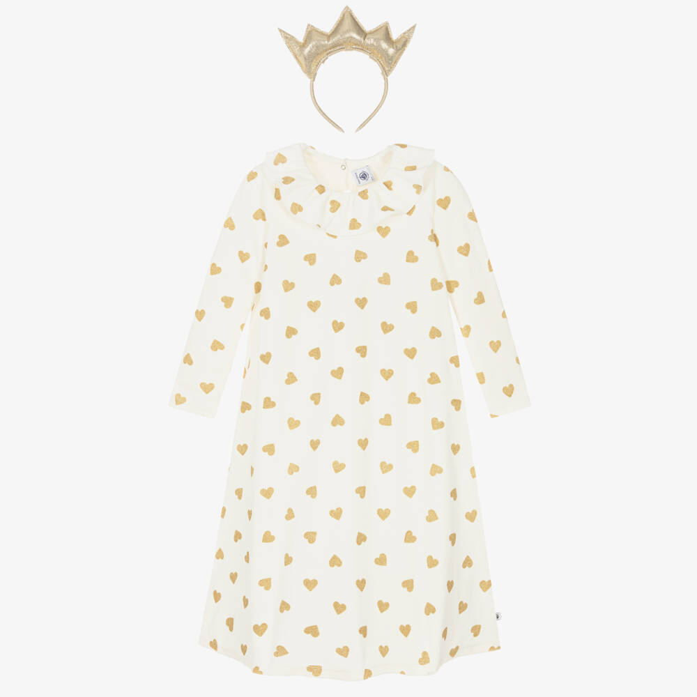 Petit Bateau-Ivory & Gold Stars Velour Night Dress & Crown | Childrensalon Outlet