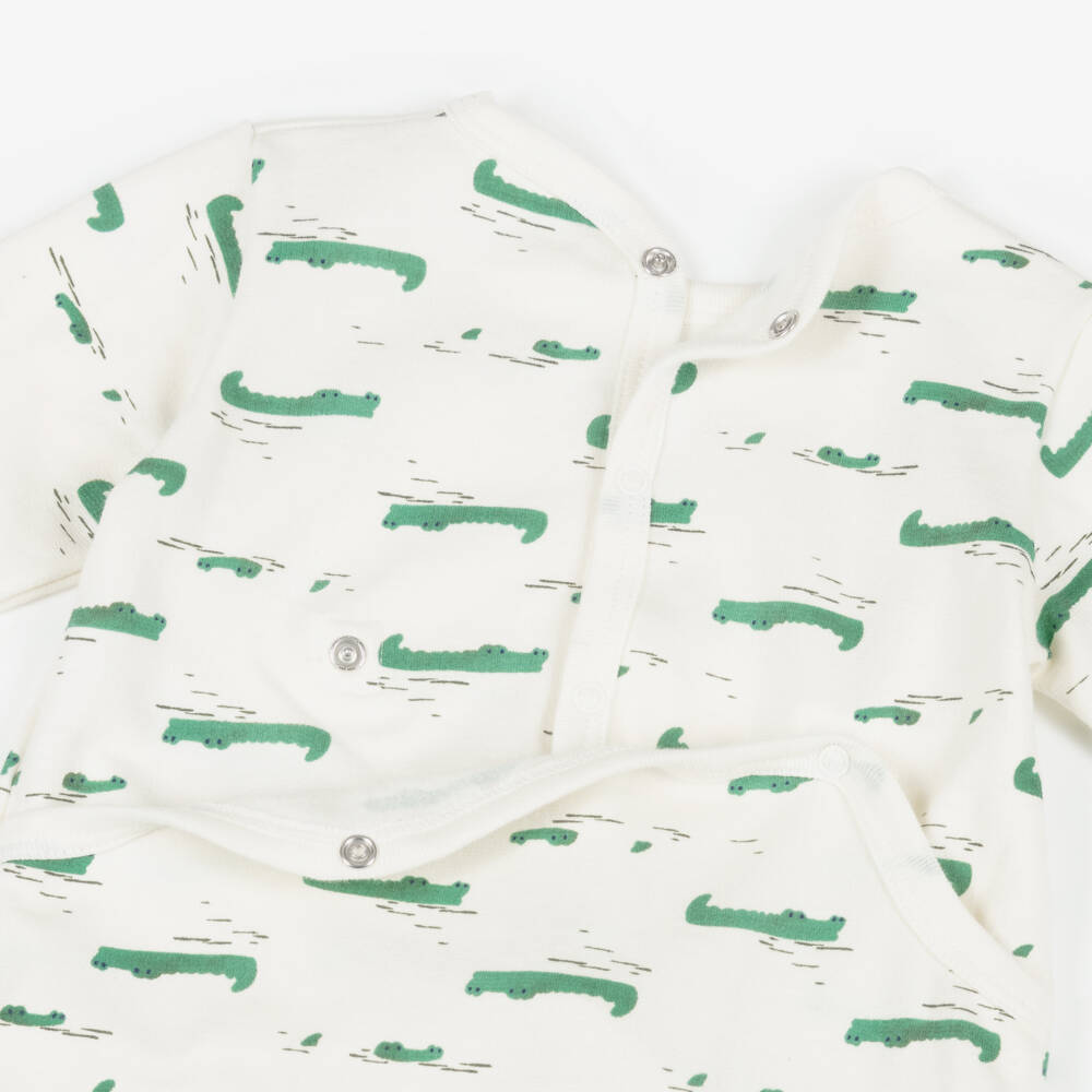 Petit Bateau-Ivory & Green Crocodile Print Organic Cotton Babygrow | Childrensalon Outlet