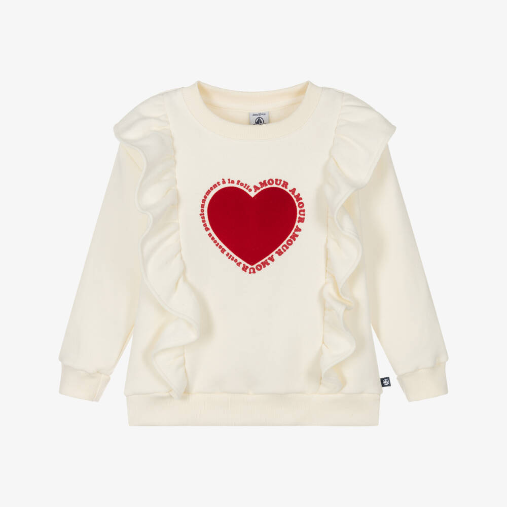 Petit Bateau-Ivory Heart Ruffle Sweatshirt | Childrensalon Outlet