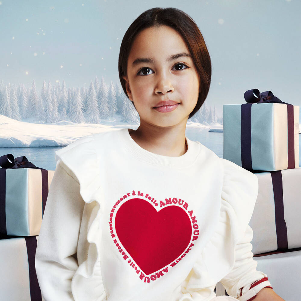 Petit Bateau-Ivory Heart Ruffle Sweatshirt | Childrensalon Outlet